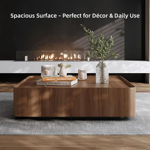 English Elm Luxury Solid Wood Square Coffee Table Walnut Finish Hidden Drawer Raised Edge Living Room D1053120128
