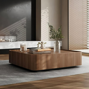 English Elm Luxury Solid Wood Square Coffee Table Walnut Finish Hidden Drawer Raised Edge Living Room D1053120128