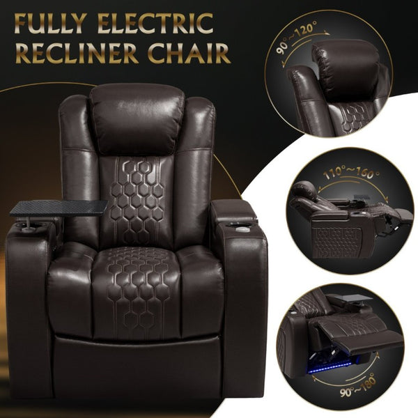 English Elm Fa-601-Coffee-1Lg Nappa Leather Power Recliner with RGB Lighting for Home Theater D1105119892