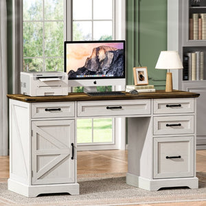 English Elm 58 Inch Farmhouse Executive Desk with File Cabinet and Drawers for Home Office Work Antique White - A D1124119979
