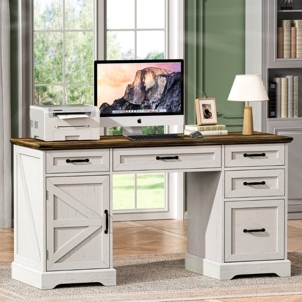 English Elm 58 Inch Farmhouse Executive Desk with File Cabinet and Drawers for Home Office Work Antique White - A D1124119979