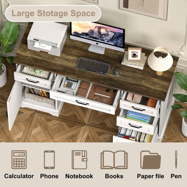 English Elm 58 Inch Farmhouse Executive Desk with File Cabinet and Drawers for Home Office Work Antique White - A D1124119979