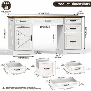 English Elm 58 Inch Farmhouse Executive Desk with File Cabinet and Drawers for Home Office Work Antique White - A D1124119979