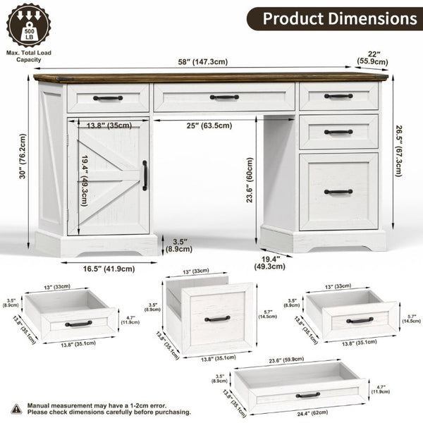 English Elm 58 Inch Farmhouse Executive Desk with File Cabinet and Drawers for Home Office Work Antique White - A D1124119979