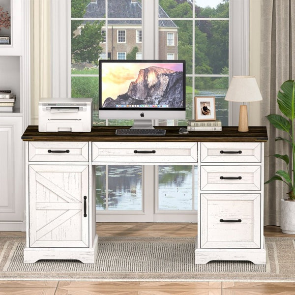 English Elm 58 Inch Farmhouse Executive Desk with File Cabinet and Drawers for Home Office Work Antique White - A D1124119979