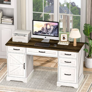English Elm 58 Inch Farmhouse Executive Desk with File Cabinet and Drawers for Home Office Work Antique White - A D1124119979