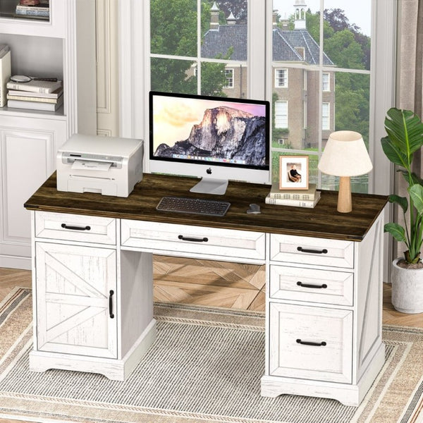 English Elm 58 Inch Farmhouse Executive Desk with File Cabinet and Drawers for Home Office Work Antique White - A D1124119979