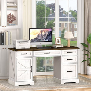 English Elm 58 Inch Farmhouse Executive Desk with File Cabinet and Drawers for Home Office Work Antique White - A D1124119979