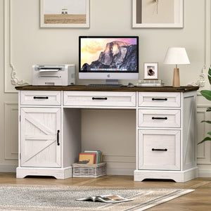 English Elm 58 Inch Farmhouse Executive Desk with File Cabinet and Drawers for Home Office Work Antique White - A D1124119979