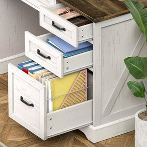 English Elm 58 Inch Farmhouse Executive Desk with File Cabinet and Drawers for Home Office Work Antique White - A D1124119979