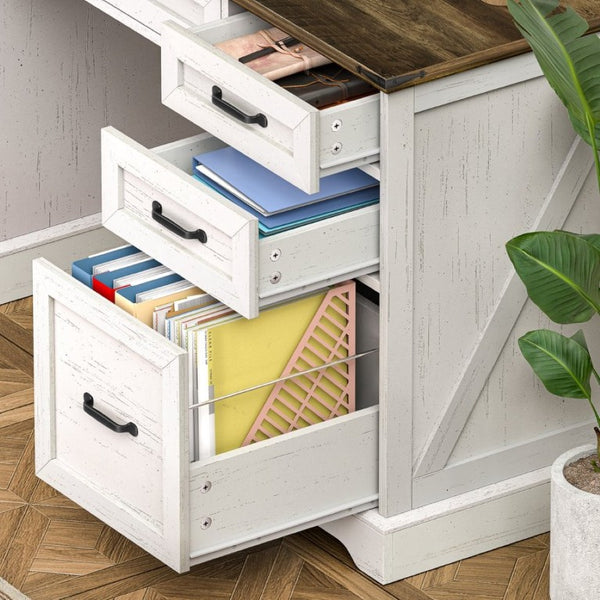English Elm 58 Inch Farmhouse Executive Desk with File Cabinet and Drawers for Home Office Work Antique White - A D1124119979