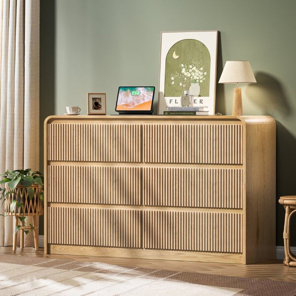 English Elm 6 Drawer Wide Natural Wood Dresser with Fluted Front Panel for Bedroom or Hallway D1124119980