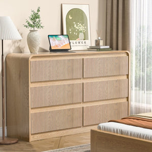 English Elm 6 Drawer Wide Natural Wood Dresser with Fluted Front Panel for Bedroom or Hallway D1124119980