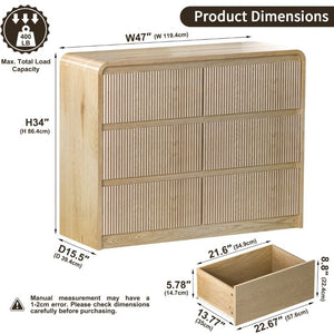 English Elm 6 Drawer Wide Natural Wood Dresser with Fluted Front Panel for Bedroom or Hallway D1124119980