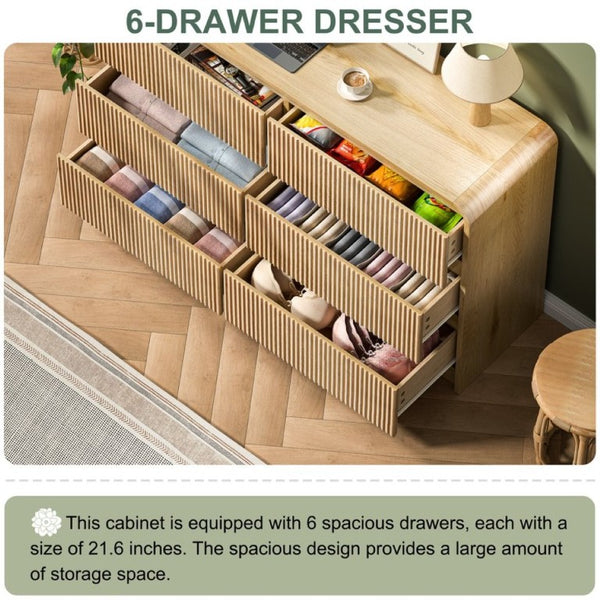 English Elm 6 Drawer Wide Natural Wood Dresser with Fluted Front Panel for Bedroom or Hallway D1124119980