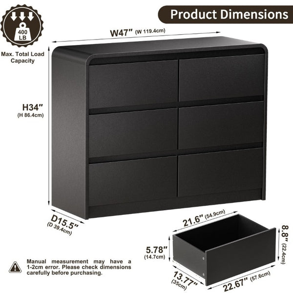English Elm 6 Drawer Curved Dresser Matte Black Chest Sculptural Minimalist Storage for Bedroom or Living Room Black - A D1124119981