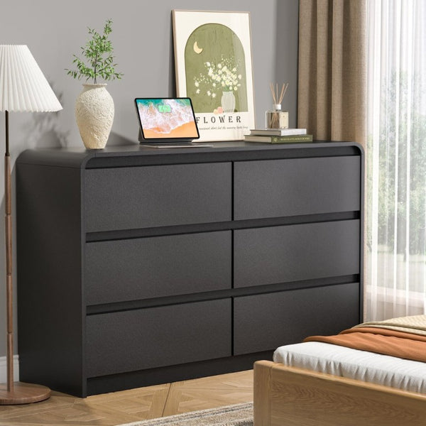 English Elm 6 Drawer Curved Dresser Matte Black Chest Sculptural Minimalist Storage for Bedroom or Living Room Black - A D1124119981