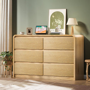 English Elm 6 Drawer Fluted Wood Dresser with Handle Free Fronts for Bedroom or Hallway Storage D1124119982