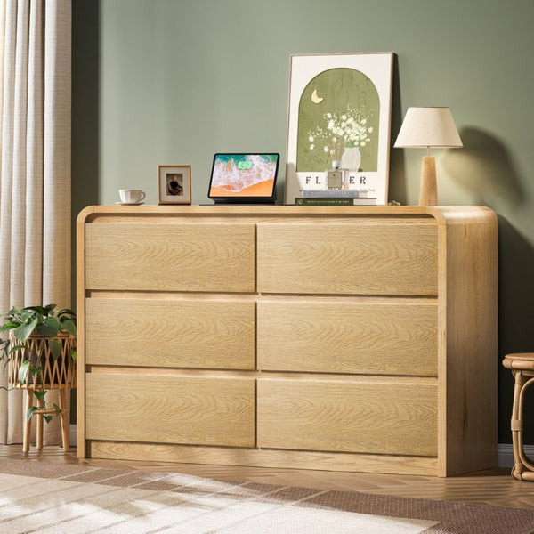 English Elm 6 Drawer Fluted Wood Dresser with Handle Free Fronts for Bedroom or Hallway Storage D1124119982