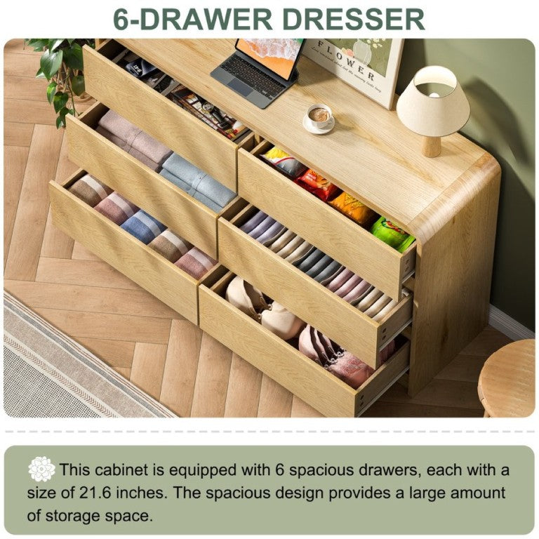 English Elm 6 Drawer Fluted Wood Dresser with Handle Free Fronts for Bedroom or Hallway Storage D1124119982
