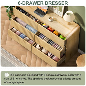 English Elm 6 Drawer Fluted Wood Dresser with Handle Free Fronts for Bedroom or Hallway Storage D1124119982