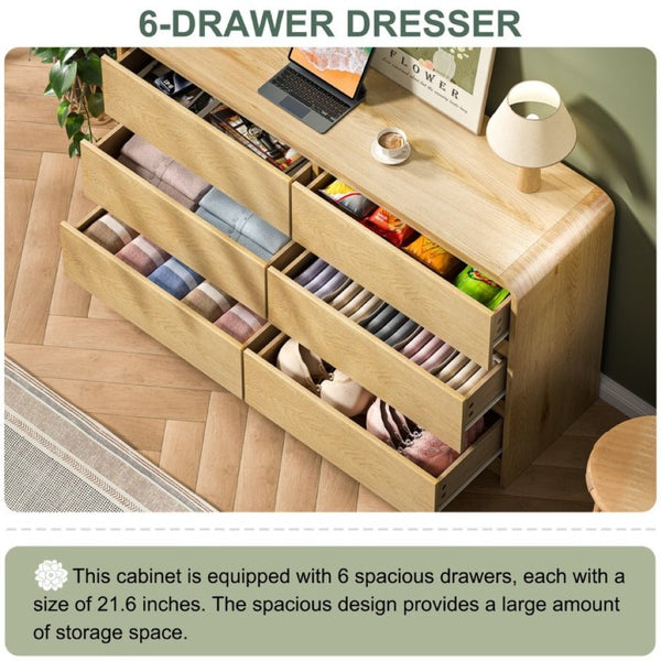 English Elm 6 Drawer Fluted Wood Dresser with Handle Free Fronts for Bedroom or Hallway Storage D1124119982