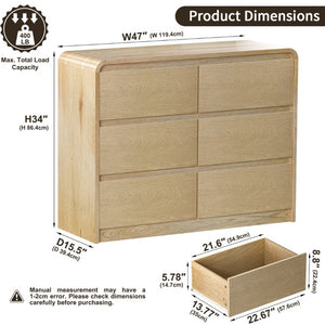 English Elm 6 Drawer Fluted Wood Dresser with Handle Free Fronts for Bedroom or Hallway Storage D1124119982