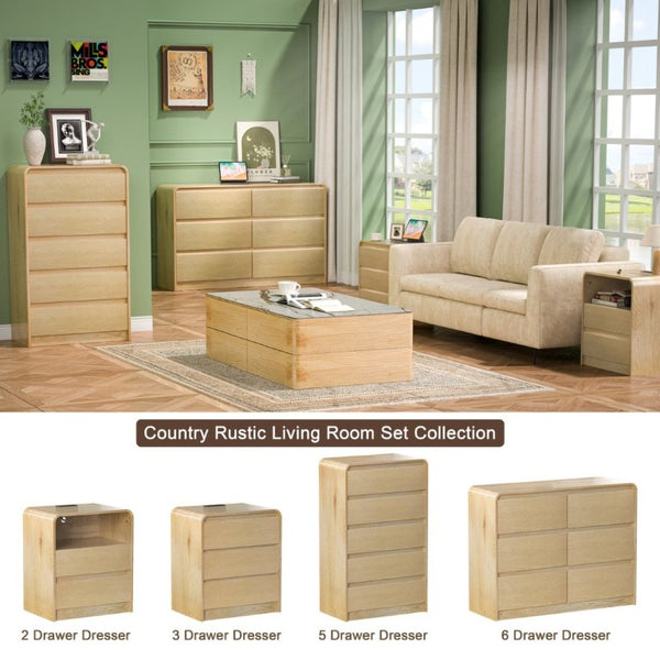 English Elm 6 Drawer Fluted Wood Dresser with Handle Free Fronts for Bedroom or Hallway Storage D1124119982