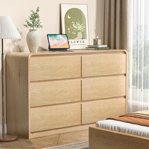 English Elm 6 Drawer Fluted Wood Dresser with Handle Free Fronts for Bedroom or Hallway Storage D1124119982