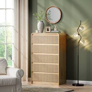 English Elm Modern Fluted Panel Five Drawer Chest Tapered Legs Warm Natural Wood Bedroom Tower D1124119983