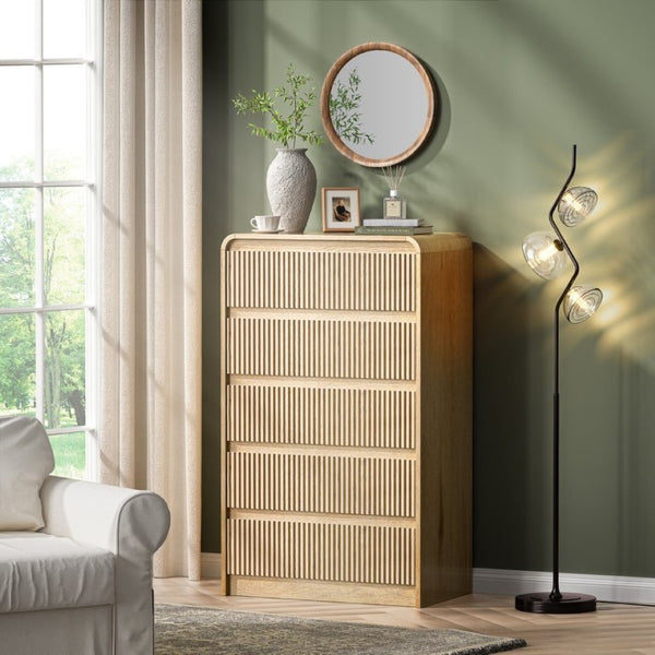 English Elm Modern Fluted Panel Five Drawer Chest Tapered Legs Warm Natural Wood Bedroom Tower D1124119983
