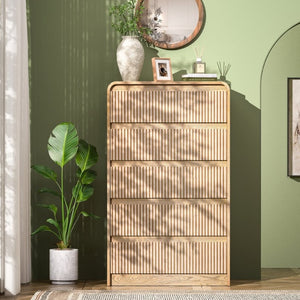 English Elm Modern Fluted Panel Five Drawer Chest Tapered Legs Warm Natural Wood Bedroom Tower D1124119983