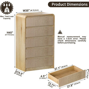 English Elm Modern Fluted Panel Five Drawer Chest Tapered Legs Warm Natural Wood Bedroom Tower D1124119983