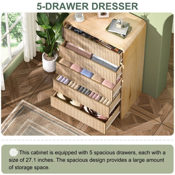 English Elm Modern Fluted Panel Five Drawer Chest Tapered Legs Warm Natural Wood Bedroom Tower D1124119983