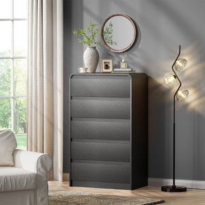 English Elm Dresser with 5 Drawers Matte Black Wood Chest Mid-Century Curved Design for Bedroom Black - A D1124119984