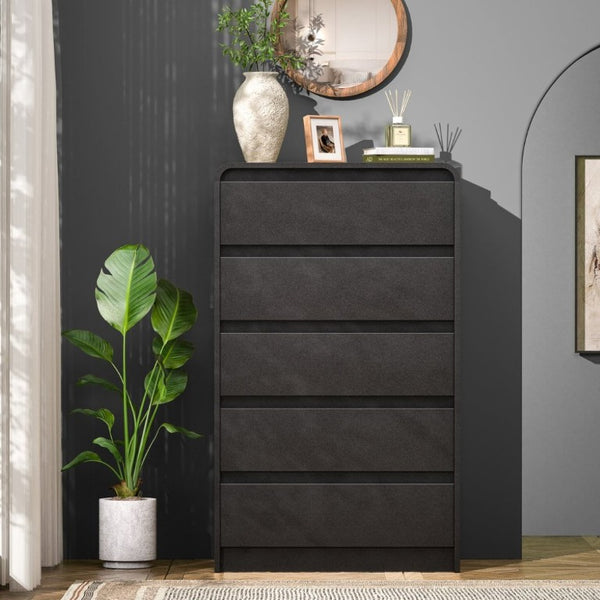 English Elm Dresser with 5 Drawers Matte Black Wood Chest Mid-Century Curved Design for Bedroom Black - A D1124119984