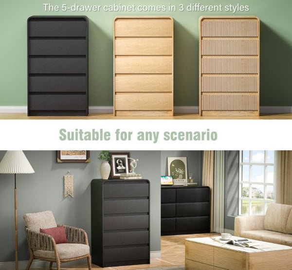 English Elm Dresser with 5 Drawers Matte Black Wood Chest Mid-Century Curved Design for Bedroom Black - A D1124119984