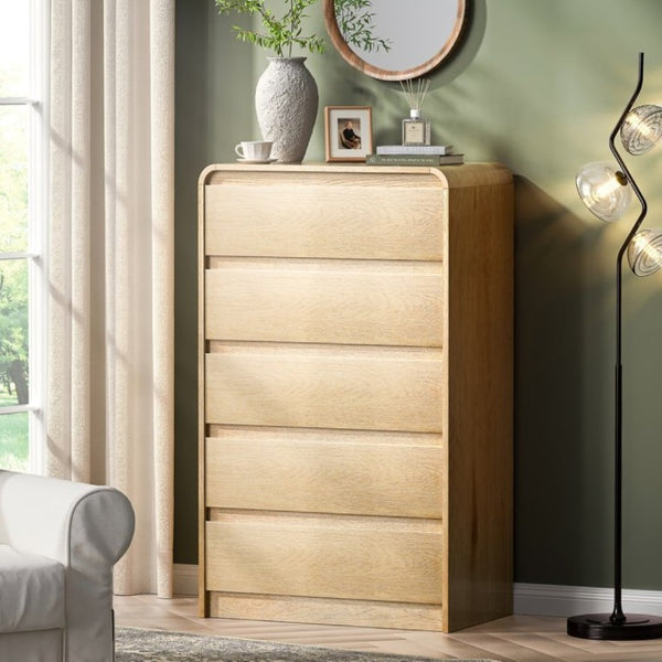 English Elm Dresser with 5 Drawers Matte Black Wood Chest Mid-Century Curved Design for Bedroom Antique Natural - A D1124119985