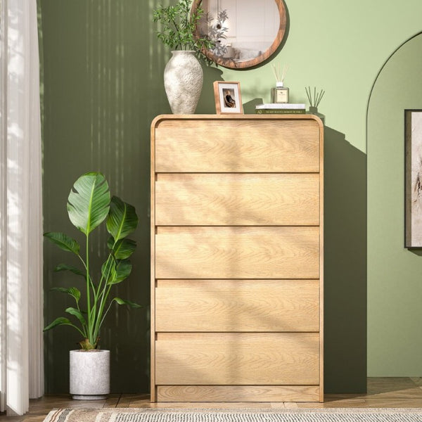 English Elm Dresser with 5 Drawers Matte Black Wood Chest Mid-Century Curved Design for Bedroom Antique Natural - A D1124119985