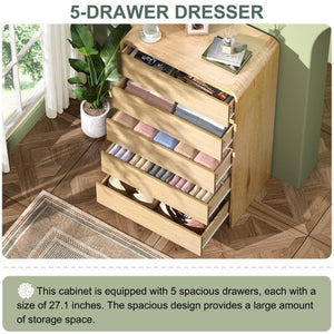 English Elm Dresser with 5 Drawers Matte Black Wood Chest Mid-Century Curved Design for Bedroom Antique Natural - A D1124119985