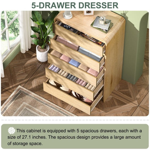 English Elm Dresser with 5 Drawers Matte Black Wood Chest Mid-Century Curved Design for Bedroom Antique Natural - A D1124119985