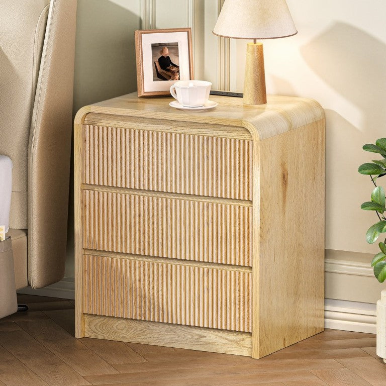 English Elm Modern Fluted 3 Drawer Nightstand with Built in Charging Station for Bedroom Use D1124119986