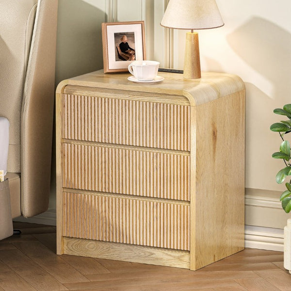 English Elm Modern Fluted 3 Drawer Nightstand with Built in Charging Station for Bedroom Use D1124119986