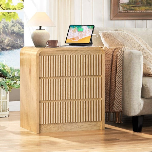English Elm Modern Fluted 3 Drawer Nightstand with Built in Charging Station for Bedroom Use D1124119986