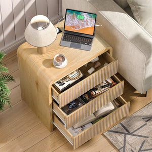 English Elm Modern Fluted 3 Drawer Nightstand with Built in Charging Station for Bedroom Use D1124119986