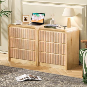 English Elm Modern Fluted 3 Drawer Nightstand with Built in Charging Station for Bedroom Use D1124119986
