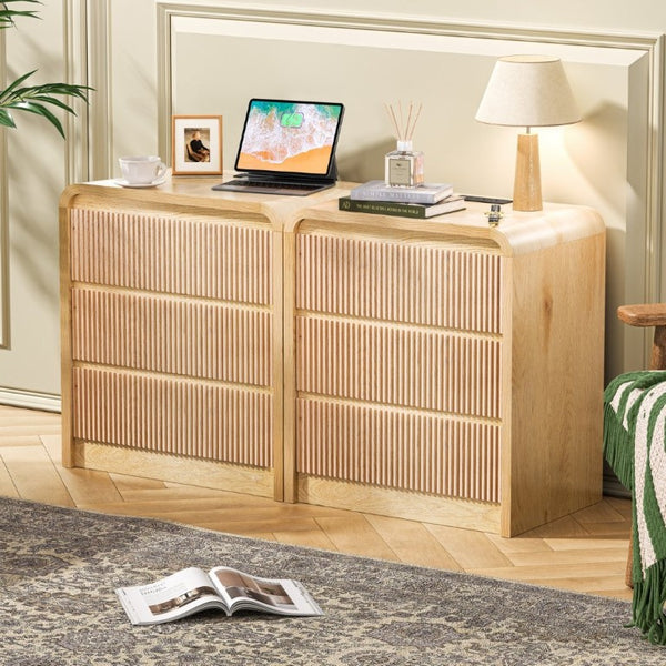 English Elm Modern Fluted 3 Drawer Nightstand with Built in Charging Station for Bedroom Use D1124119986