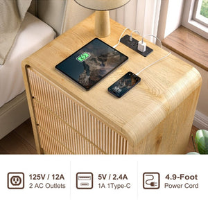 English Elm Modern Fluted 3 Drawer Nightstand with Built in Charging Station for Bedroom Use D1124119986