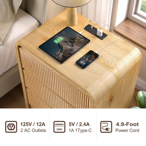 English Elm Modern Fluted 3 Drawer Nightstand with Built in Charging Station for Bedroom Use D1124119986