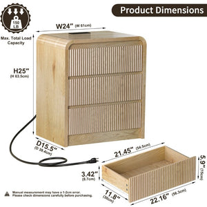 English Elm Modern Fluted 3 Drawer Nightstand with Built in Charging Station for Bedroom Use D1124119986